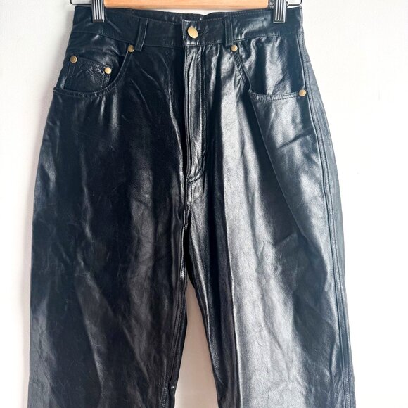 NUAGE Black Shiny High Waist Leather Pants 8 - Picture 3 of 5